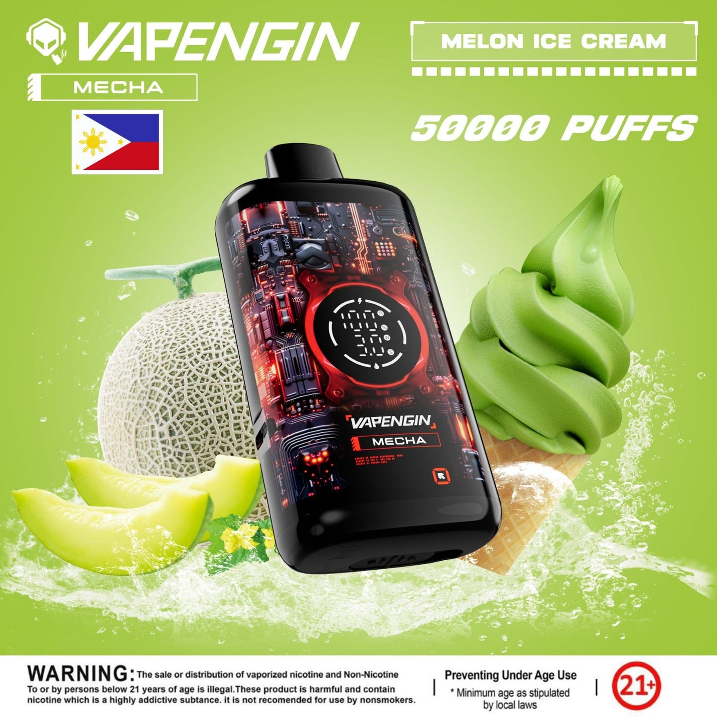 Vapengin Mecha Disposable Vape – Melon Ice Cream flavor (refreshing honeydew melon with creamy ice cream.