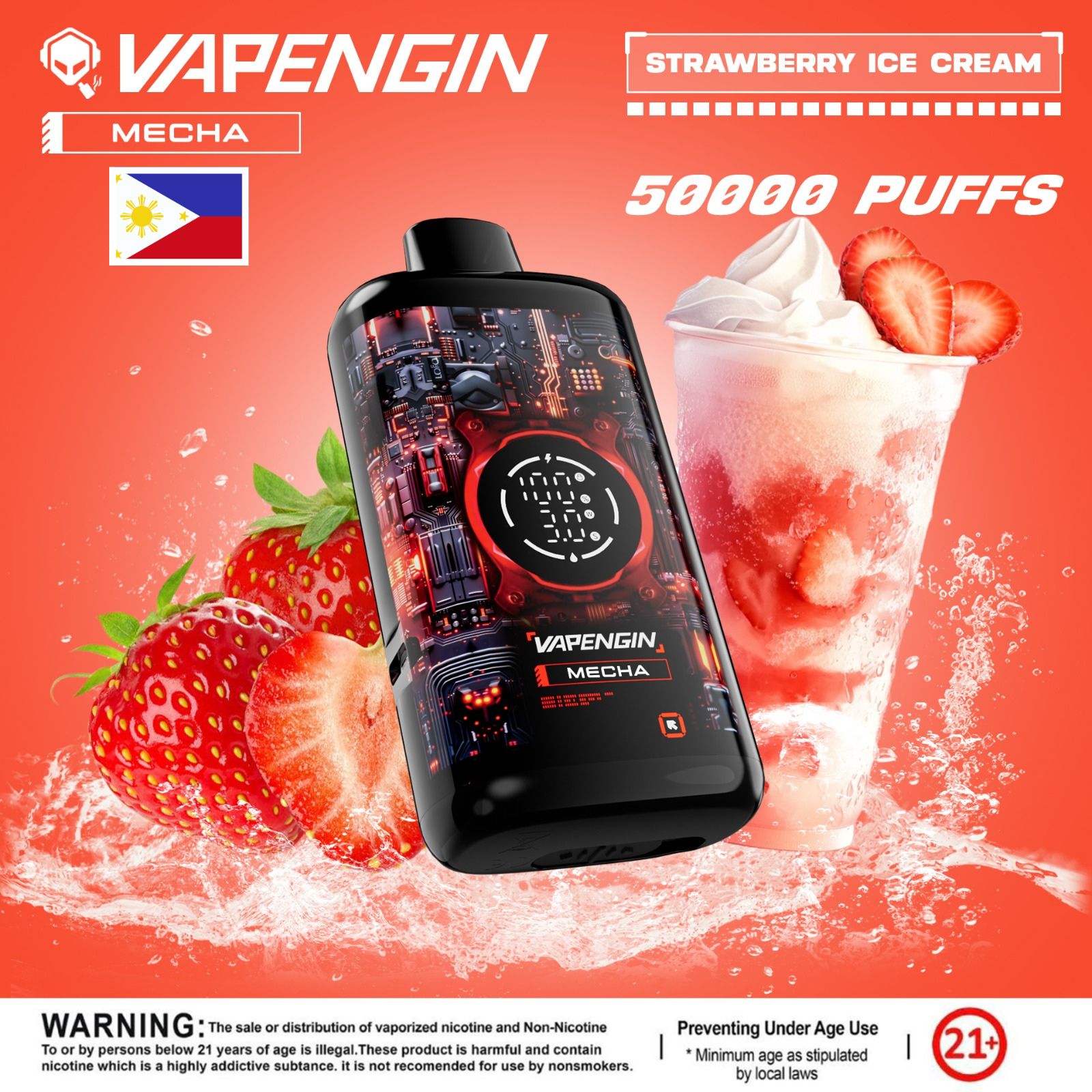 Vapengin Mecha Disposable Vape – Strawberry Ice Cream flavor (sweet strawberry with a creamy finish.