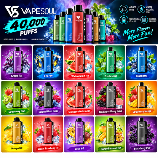 VapeSoul 40K Puffs 20mg Disposable Vape – multi-flavor pack with many premium flavors (Grape Ice, Mango Passion Fruit, Fresh Mint, Energy, Watermelon Ice, Blueberry, Strawberry Kiwi, Golden Mixed Berry, Strawberry Watermelon, Blackberry POP, Classic Strawberry Ice, Love 66, Mango Ice, Blackberry Cherry Guava, Strawberry Mango etc.) in Dubai, UAE.
