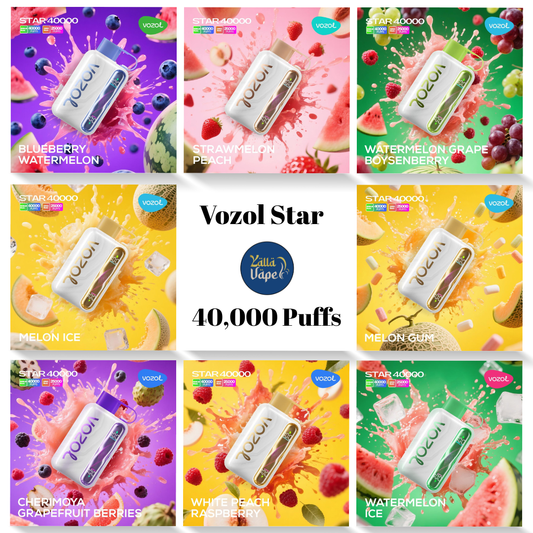 Vozol Star 40000 Puffs disposable vape — all 25 flavors pictured: Blue Razz Ice, Blueberry Ice, Blueberry Mint, Blueberry Watermelon, Cherimoya Grapefruit Berries, Cherry Cola, Cool Mint, Grape Ice, Mango Ice, Mango Peach, Melon Gum, Melon Ice, Peach Ice, Sour Apple Ice, Strawberry Ice, Strawberry Kiwi, Strawberry Watermelon, Strawmelon Peach, Vzbull, Watermelon Bubble Gum, Watermelon Grape Boysenberry, Watermelon Ice, Watermelon Sour Peach, White Peach Raspberry — available Dubai, Abu Dhabi, Sharjah & UAE.