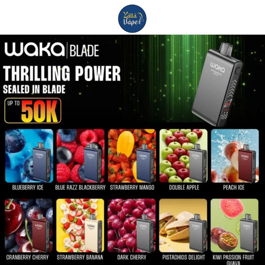 Waka Blade 50k (50,000 puffs) flavor grid — Blueberry Ice, Blue Razz Blackberry, Strawberry Mango, Double Apple, Peach Ice, Cranberry Cherry, Strawberry Banana, Dark Cherry, Pistachios Delight, Kiwi Passion Fruit Guava, Strawberry Kiwi, Strawberry Watermelon, Miami Mint, Watermelon Chill, Mango Ice, Sakura Grape, Mango-Peach-Watermelon — premium rechargeable disposable vape sold across UAE.