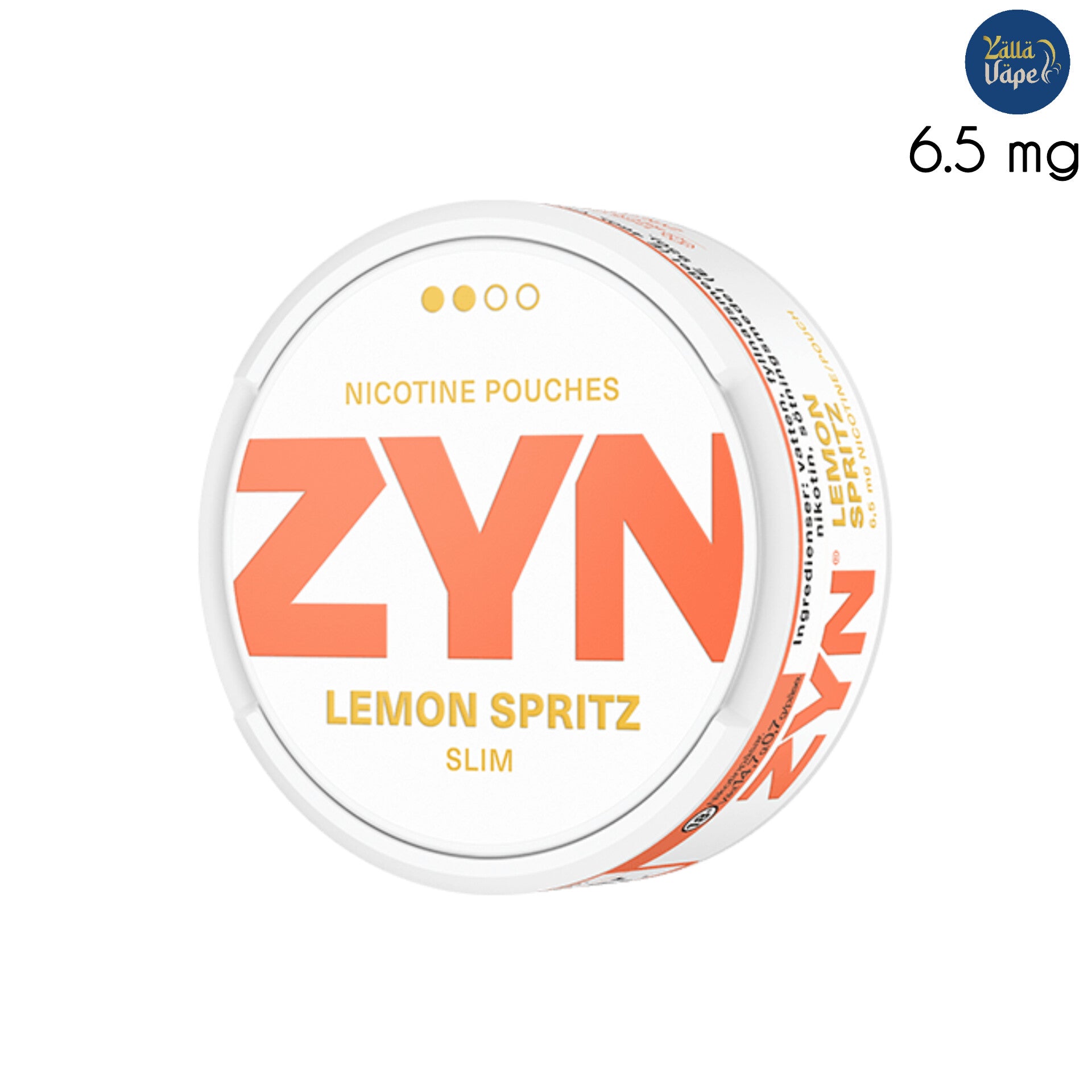 Close-up of Zyn Lemon Spritz Slim 6.5mg 2-Dots Nicotine Pouches with vibrant lemon-citrus design, a tobacco-free nicotine alternative available in Dubai & Abu Dhabi, UAE.