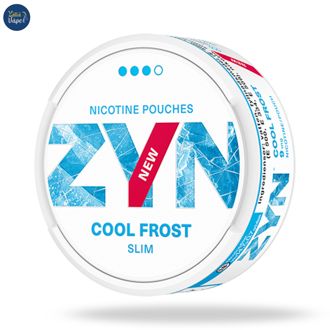 Zyn Cool Frost Slim 9mg Nicotine Pouches featuring a minimalist design and cool mint graphics, perfect for discreet enjoyment without tobacco.