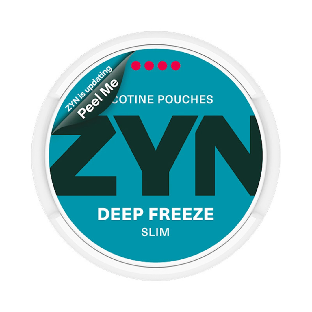 ZYN Deep Freeze Slim 11mg (4‑dot) nicotine pouches beside metallic blue can on white background – Dubai, Abu Dhabi, Sharjah & UAE
