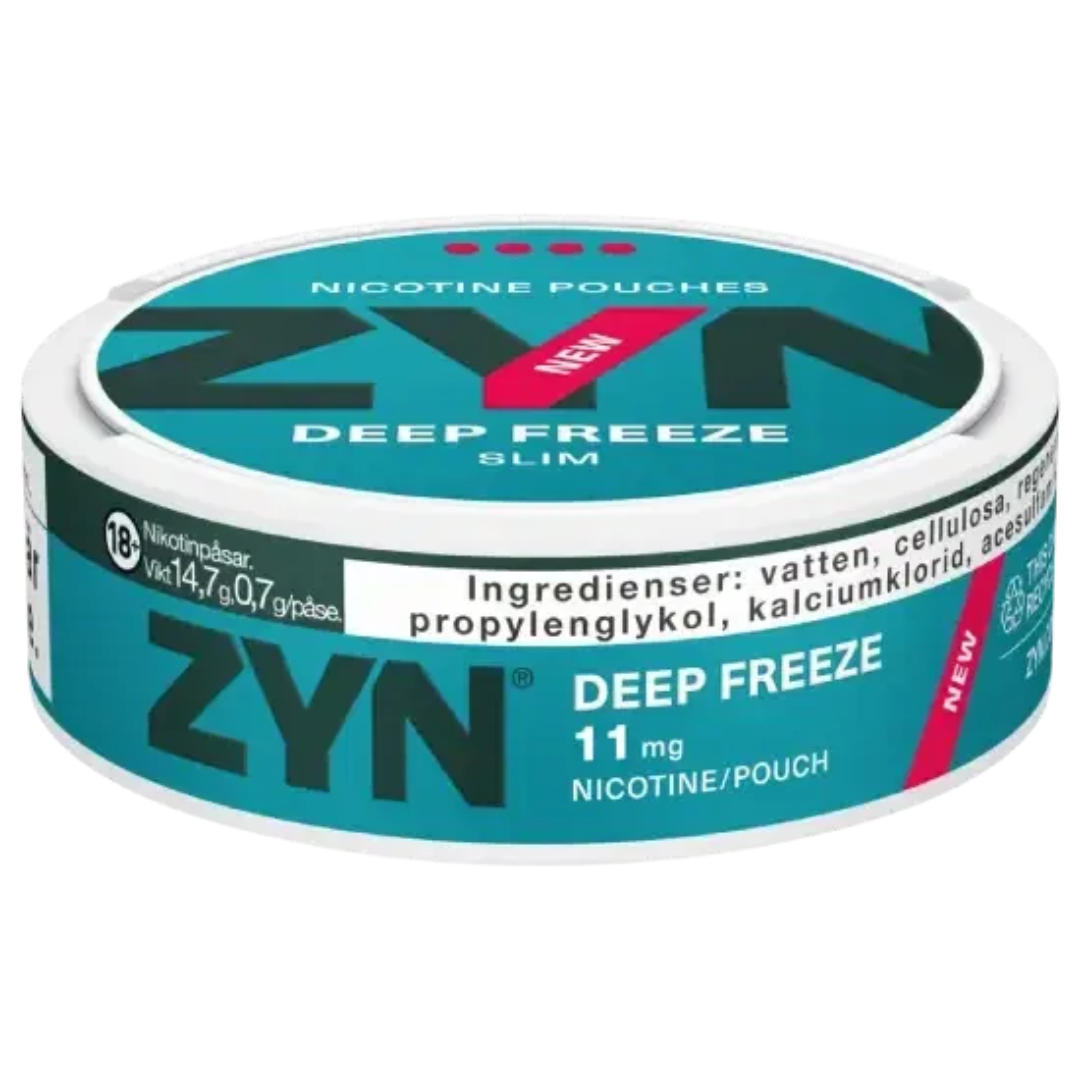 ZYN Deep Freeze Slim 4‑dot strength nicotine pouches beside a metallic blue slim can on white background – Dubai, Abu Dhabi, Sharjah & UAE