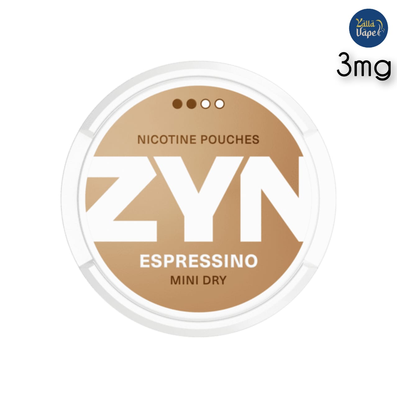 Close-up of ZYN Mini Dry Espressino 3mg Nicotine Pouches in sleek, all‑white packaging, showcasing rich espresso flavor with subtle hints of chocolate, nougat, and vanilla – a premium, tobacco‑free nicotine experience available in the UAE.