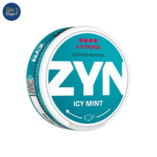 Slim can of ZYN Icy Mint nicotine pouches in blue-white packaging with fresh mint leaves, highlighting cooling eucalyptus-menthol flavor