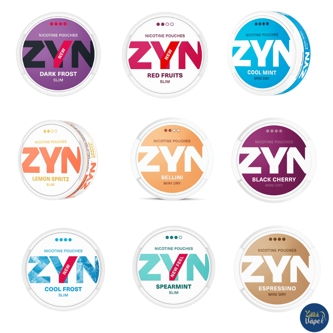 Vibrant group image of Zyn Nicotine Pouches showcasing a full spectrum of flavors—including Cool Mint, Spearmint, Black Cherry, Espressino, Fresh Mint, Bellini, Apple Mint, Cool Blueberry, Cool Frost, Dark Frost, Red Fruits, Lemon Spritz, Citrus, Gentle Mint, Sour Ruby, Cool Watermelon, and Cucumber—in nicotine strengths from 3mg to 17mg, available across Dubai, Abu Dhabi, Al-Ain, Ras Al Khaimah, Fujairah, Sharjah, Ajman, and Umm Al Quwain in the UAE.