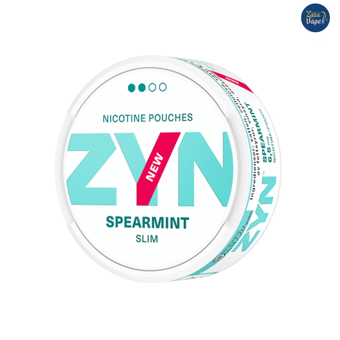 Close-up image of ZYN Spearmint Slim 6.5mg Nicotine Pouches packaging available in the UAE, featuring a sleek design with bold spearmint branding that highlights a premium, tobacco-free nicotine experience.