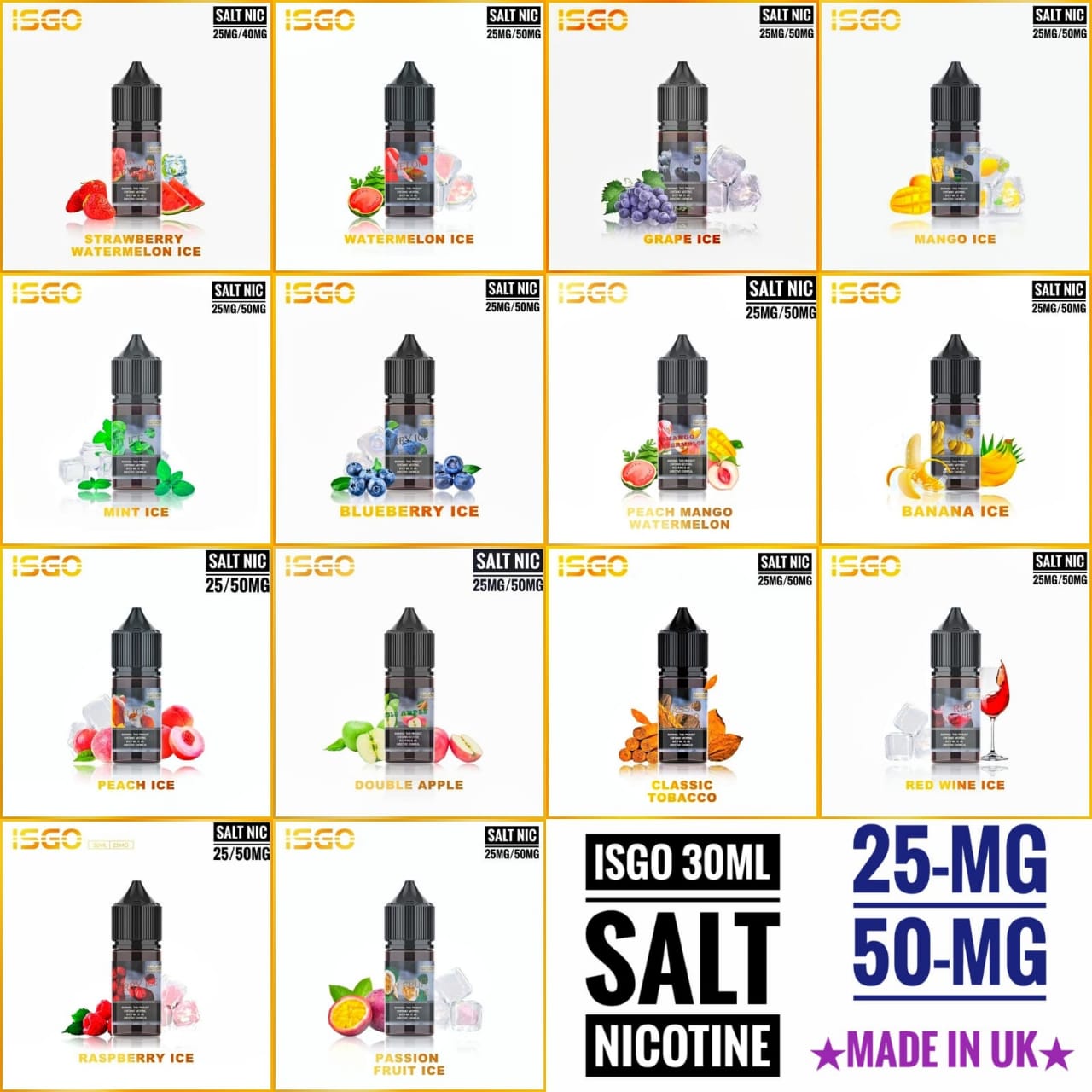 ISGO 30ML SALTNIC 25mg & 50mg ALL FLAVORS