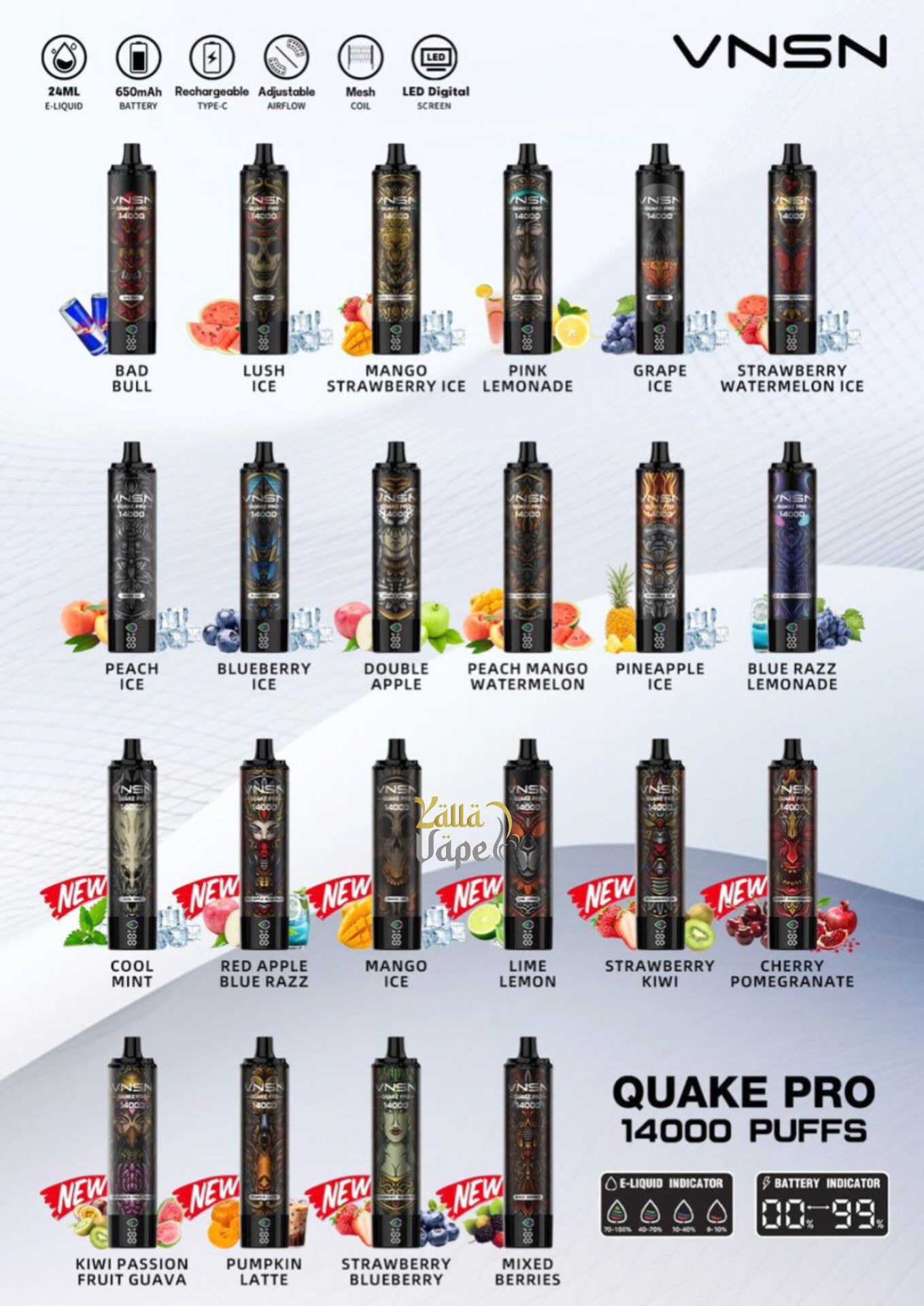 VNSN QUAKE PRO 14000 PUFFS DISPOSABLE VAPE 50MG/5% NICOTINE DISPOSABLE VAPE WITH ALL NEW FLAVORS