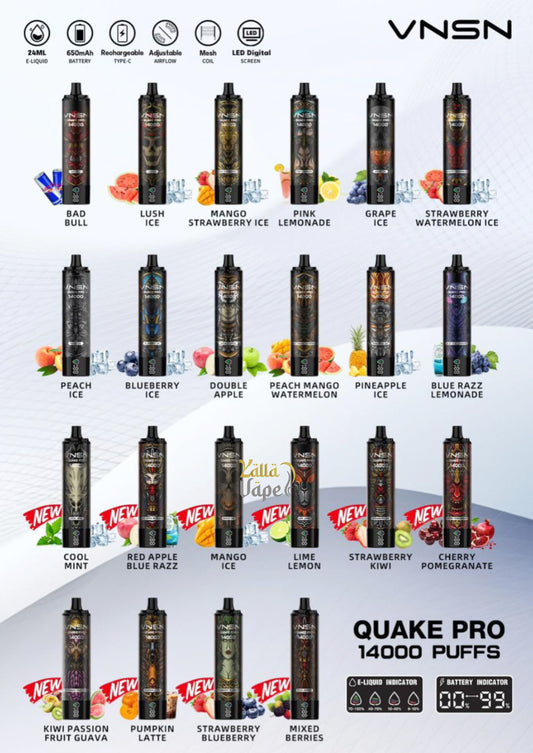 VNSN QUAKE PRO 14000 PUFFS DISPOSABLE VAPE 50MG/5% NICOTINE DISPOSABLE VAPE WITH ALL NEW FLAVORS