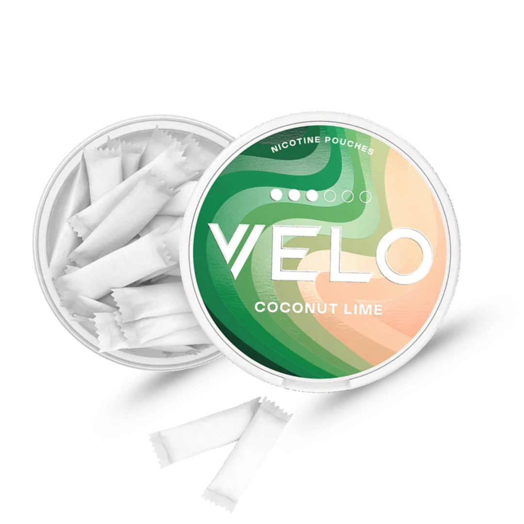 Open Velo Coconut Lime 8mg white dry pouches. 3-dot extra strong nicotine, refreshing tropical lime-coconut taste. Order online all over UAE.