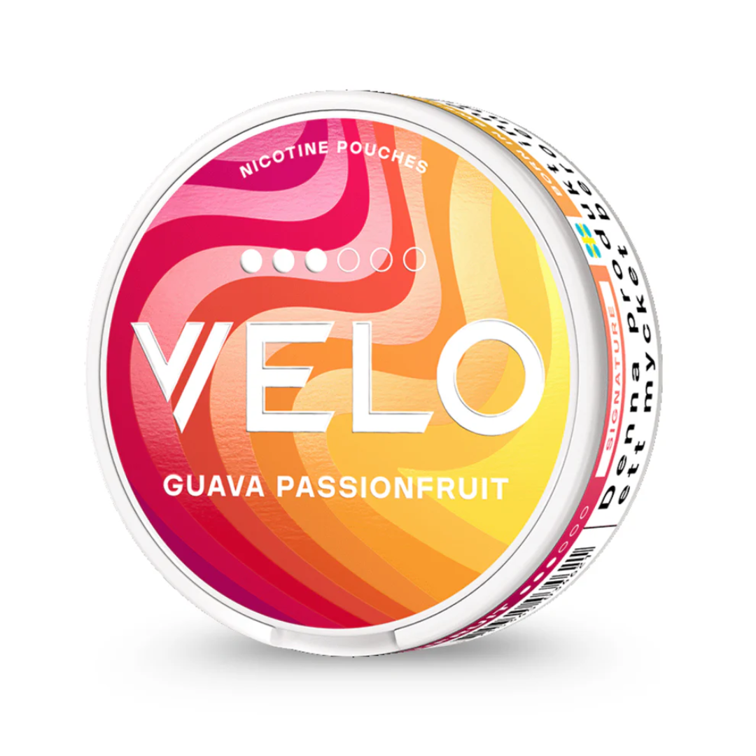 Velo Guava Passionfruit 8mg strong slim nicotine can front view. Exotic sweet guava & tangy passionfruit blend. Buy in Dubai UAE.