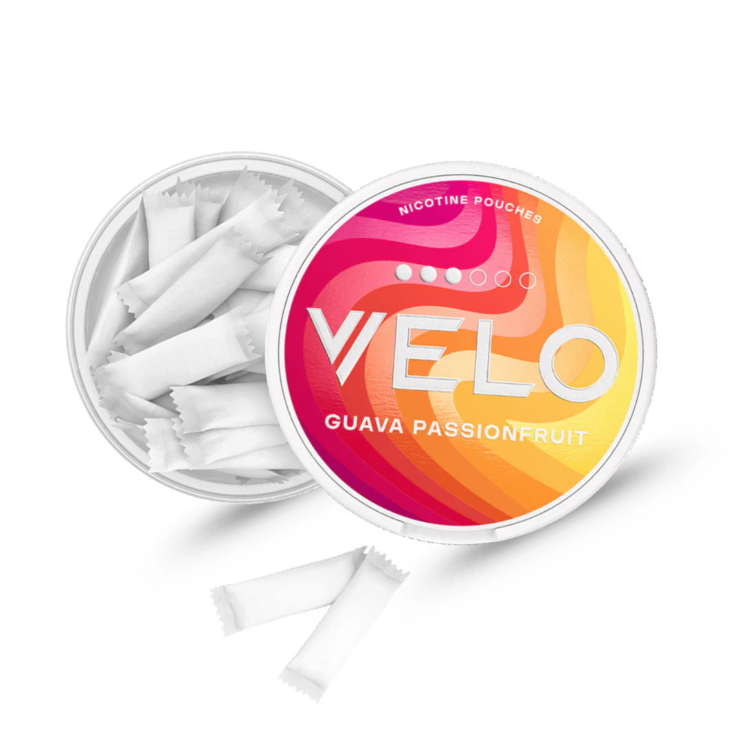 Open Velo Guava Passionfruit 8mg can showing white slim nicotine pouches. Tropical guava & passionfruit flavor. UAE stock available.